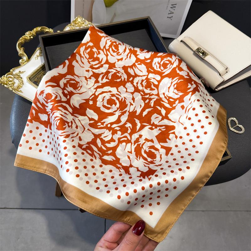 Romantic rose print silk scarf square scarf high-end sense versatile shawl sunscreen neck small square scarf headscarf women's scarf