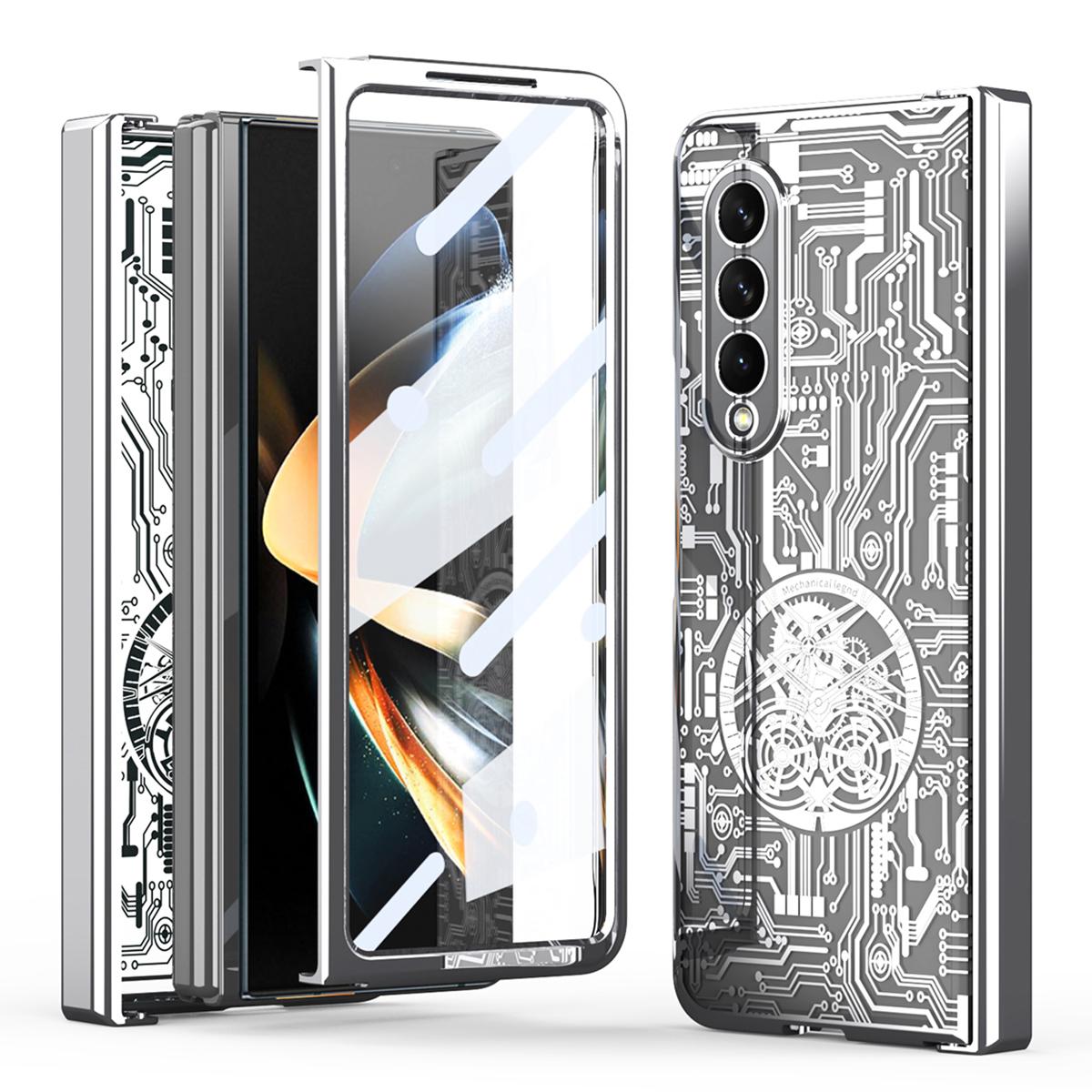 

Folding Phone Case for Samsung Galaxy Z Fold3 5G Mechanical Legend Series Electroplating PC Shell with Tempered Glass Film Silver