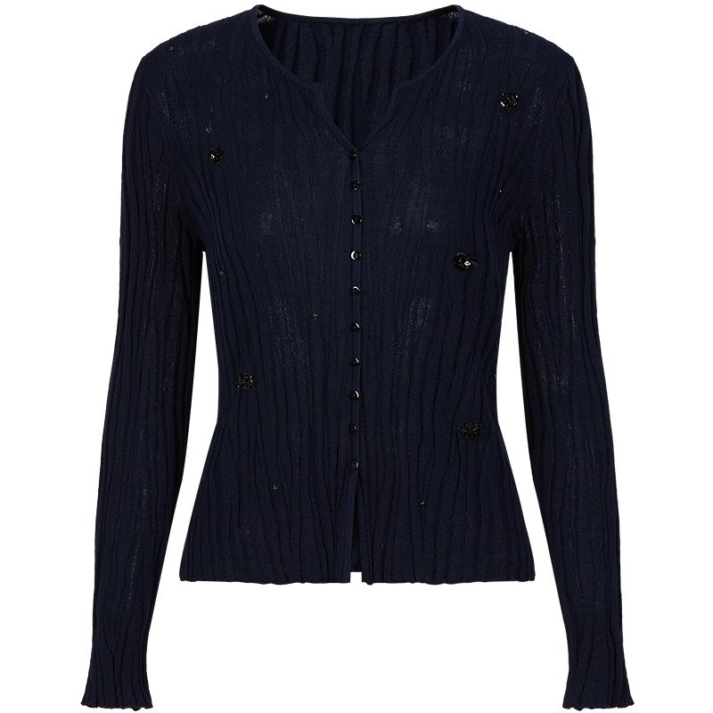 Elegant V-Neck Beaded Ribbed Knit Cardigan L