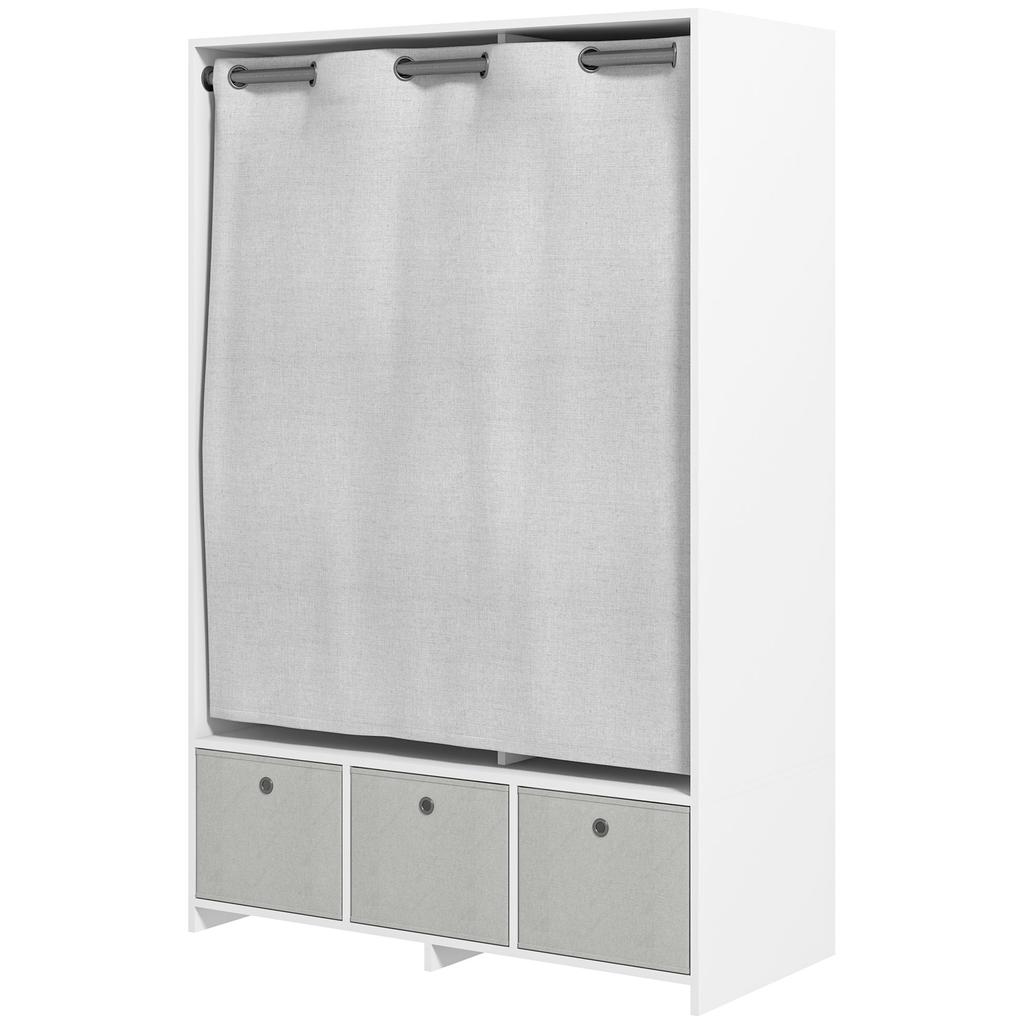 Wardrobe Storage Cabinet with Rail Curtains 3 Removable Fabric Drawers 105 X 48 X 160 Cm White