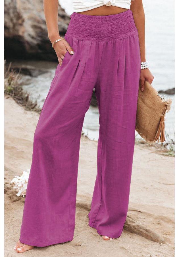 Women's Spring/Summer 2025 Cotton Linen Wide-Leg Pants - Solid Color, Elastic Waist, Casual Long Fit