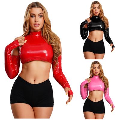 Womens Shiny Cropped Top Cold Shoulder Long Sleeve Clubwear Pullover Top