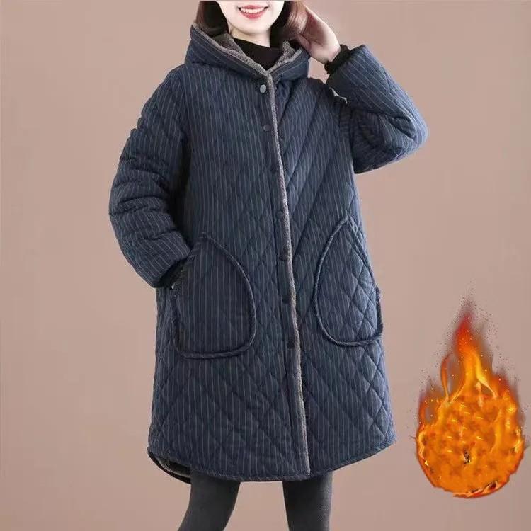 Women's Winter Medium-length Plus Size Warm Coat Plaid Hooded Thickened Warm Causal Jacket
