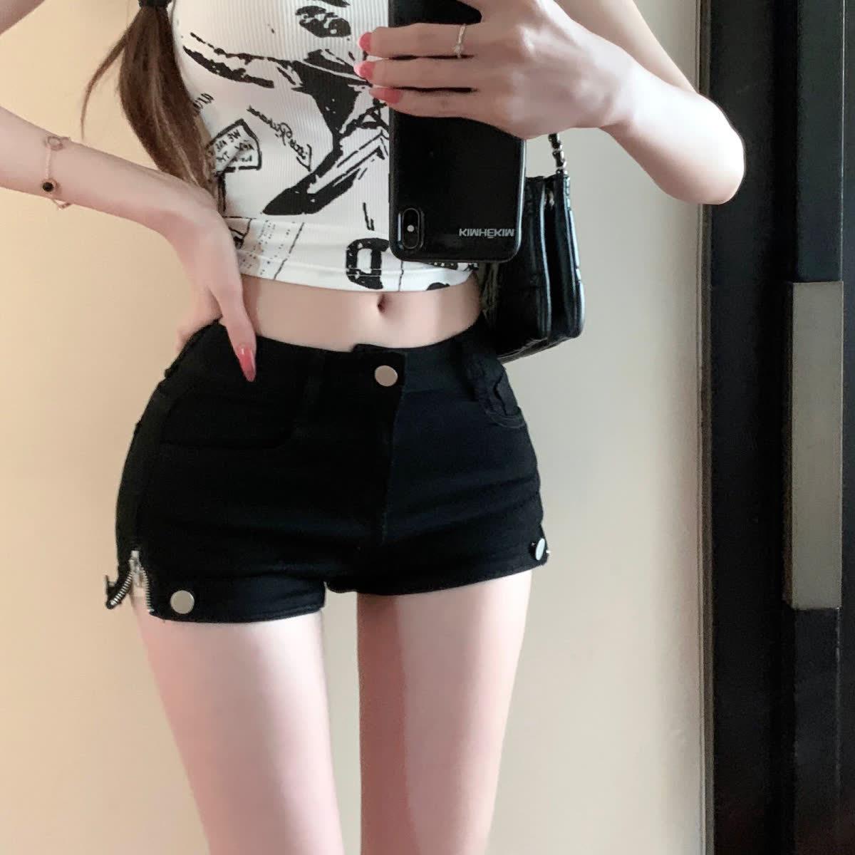 

Нишевые джинсовые шорты-стрейч на молнии для женщин - стройнящий уличный стиль Extra Large чёрный