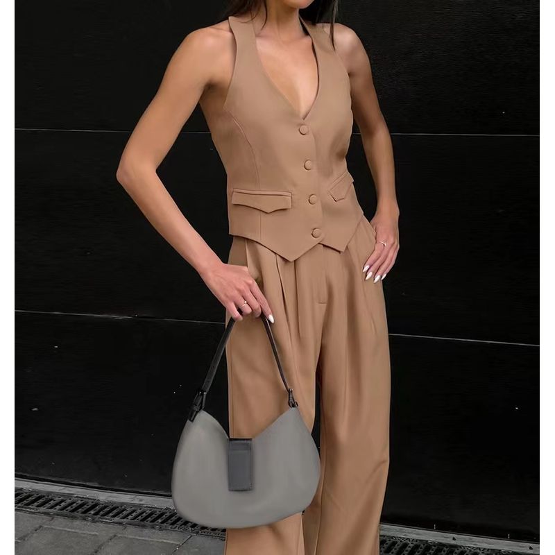 European and American Sexy Backless Halter Top Trousers Set Hanging Neck Vest and Pants Set