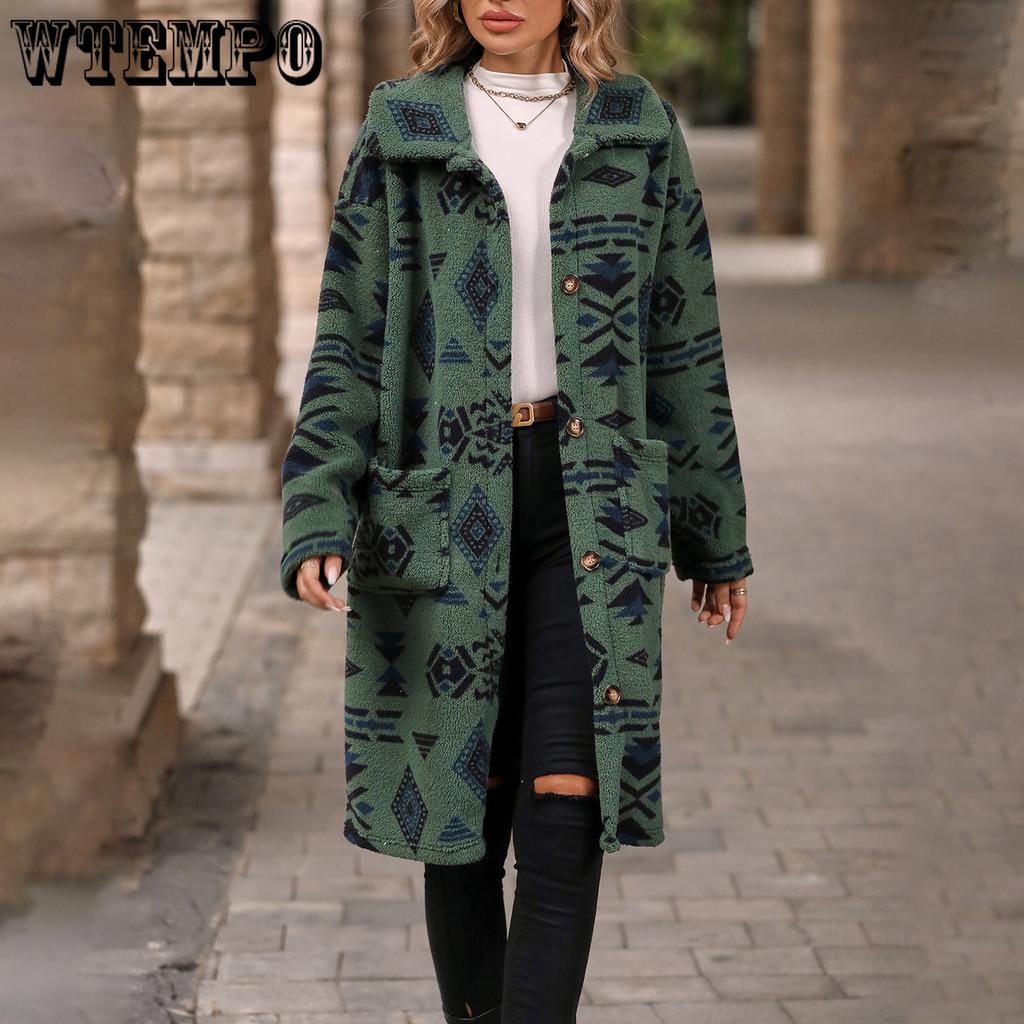Cappotto Lungo Giacca da Donna a Senso Unico Stile Etnico Stampato Peluche Autunno Inverno