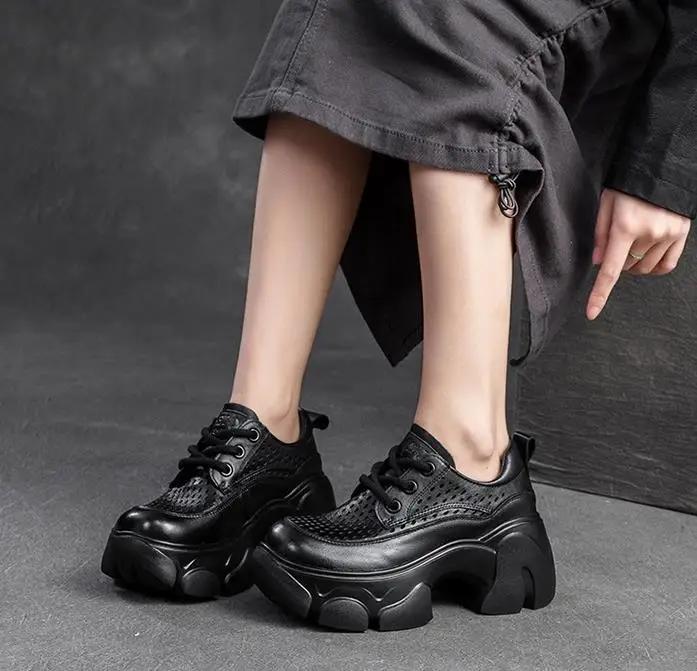 Fashion 7CM Genuine Lether Summer 2025 New Retro Korean Style Breathable Mesh Surface Versatile Loafers Heightening Sandals for Women