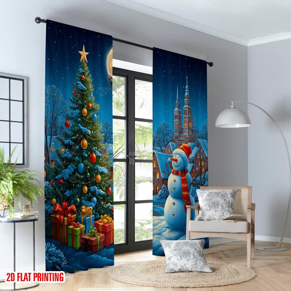 2pcs 2D flat printing Christmas Party Curtains Christmas Snowman Village Santa Digital Printed Polyester Drapes Festive Curtains