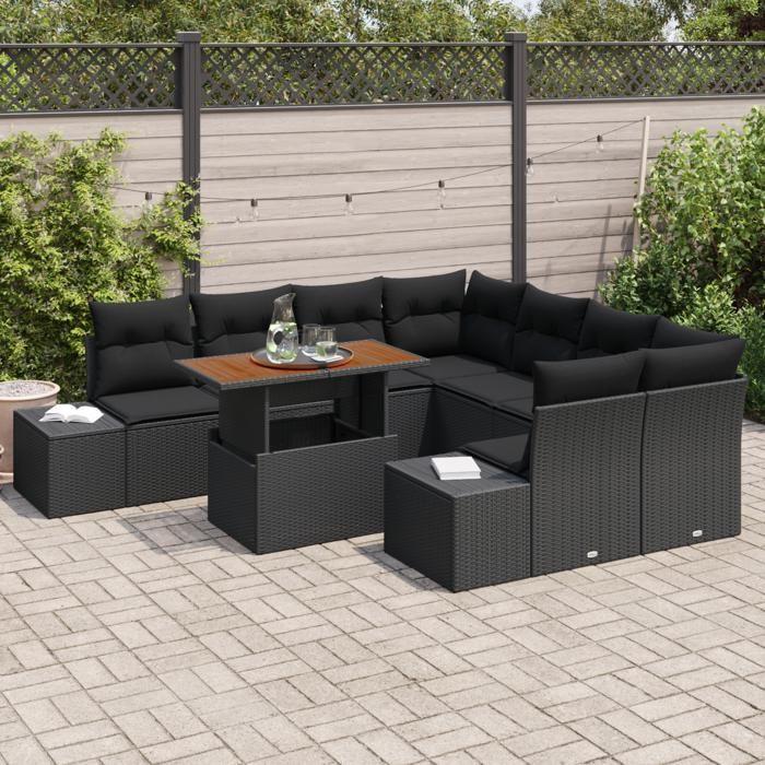 VidaXL Ensemble de salle à manger de jardin de 9 pièces avec coussins en poly rotin noir et acacia 3349946