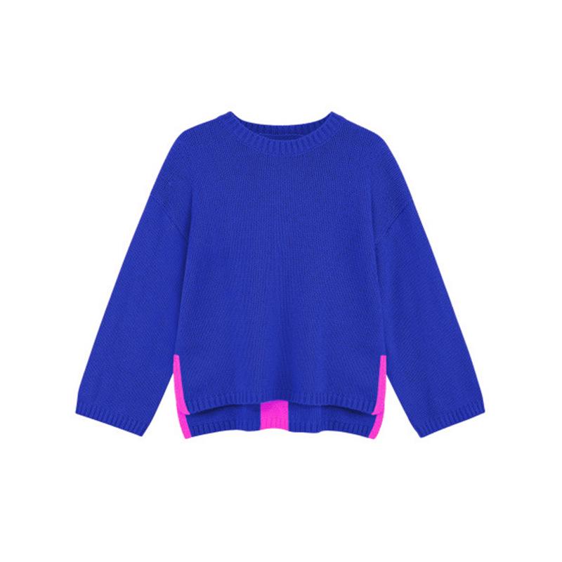 

Color Block Round Neck Pullover: Autumn/Winter Loose Knitwear for European and American Style. 5XL синий