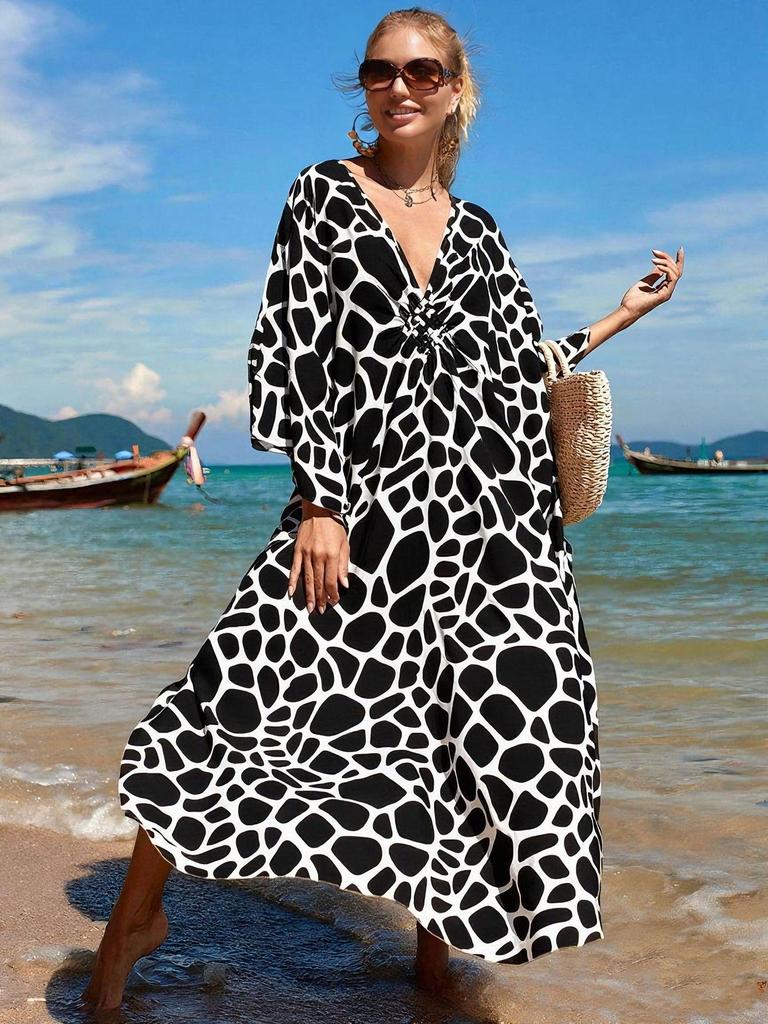 Evropské a americké viskózové potiskové plážové zakrývací šaty - Dlouhé, volné kimono k bikinám a plavkám pro ženy