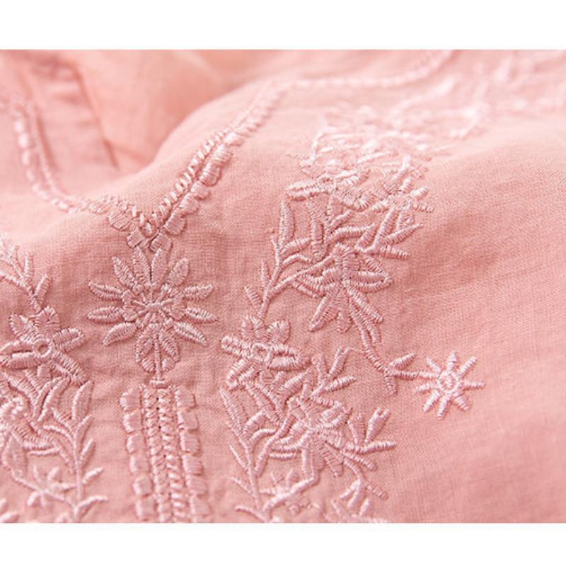 Neues Baumwollleinen Stickerei V-Ausschnitt Übergröße Hemd