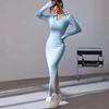 2026 Fall Women Polo Collar Ribbed Knit Maxi Dress Long Sleeve Slim Bodycon Side Slit Elegant Midi Long Dress