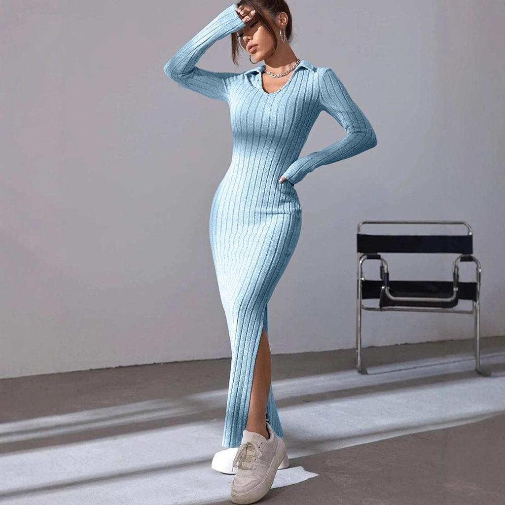 2026 Fall Women Polo Collar Ribbed Knit Maxi Dress Long Sleeve Slim Bodycon Side Slit Elegant Midi Long Dress
