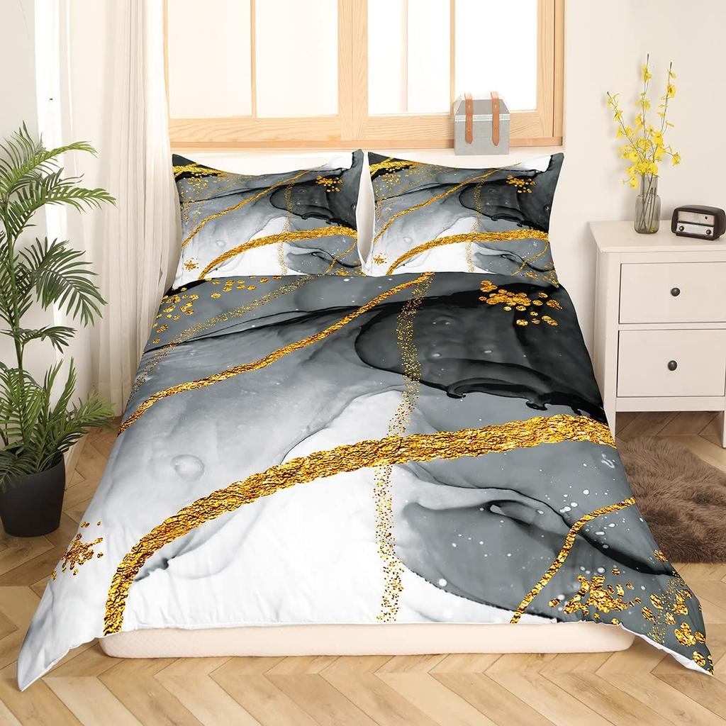 Marmurowy Zestaw Poszewek na Kołdrę Rozmiar Pełny Złoty Marmurkowy Wzór Zestaw Pościeli 3szt. do Pokoju Chłopca Dziewczynki, Abstrakcyjna Tekstura Kamienia Poszwa na Kołdrę