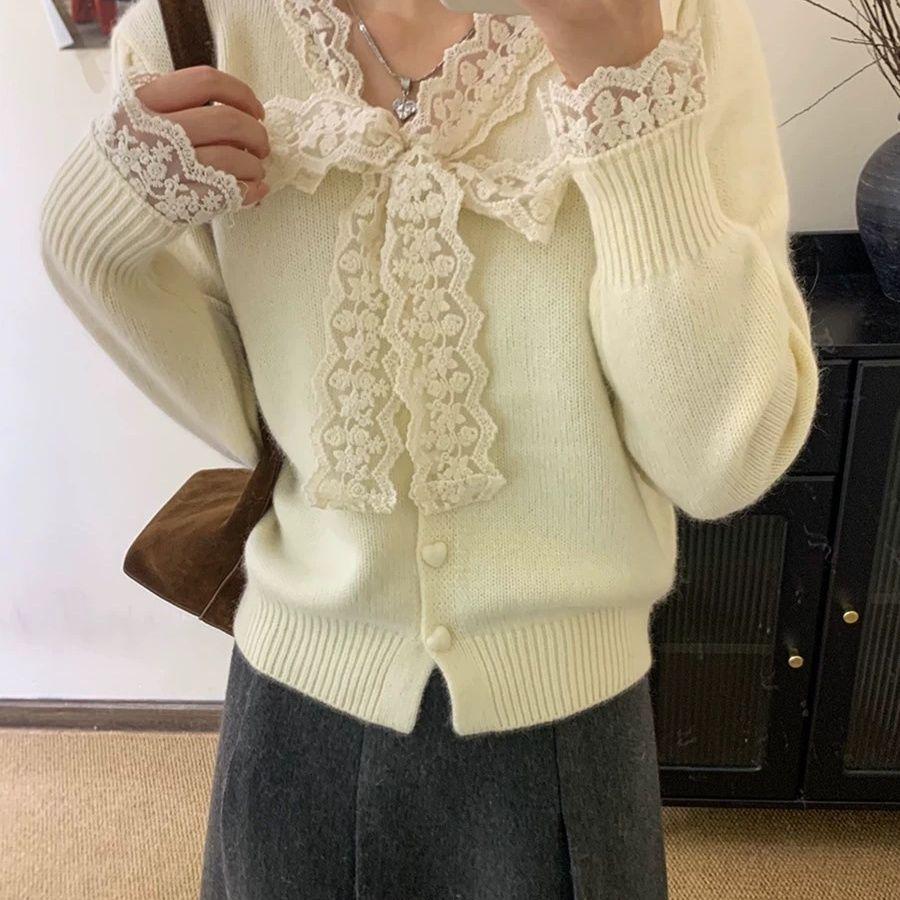 

Lace and Pearl Cardigan Women s Bow Knitted Cardigan Loose Sweater for Autumn and Winter Long-sleeved Top Coat 2XL