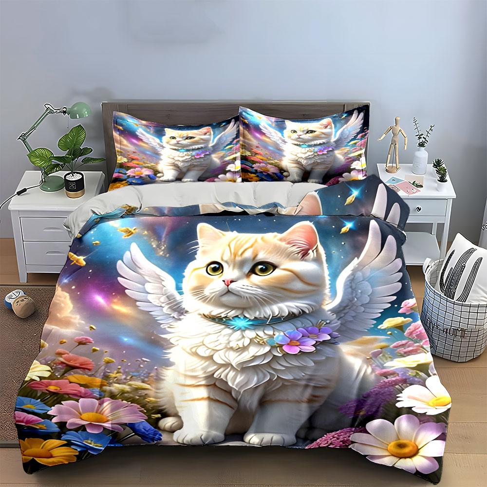 Angel Cat Three-Piece Fantasy Decor Exquisite Three-piece Bedding Set Gift for Kids and Adults