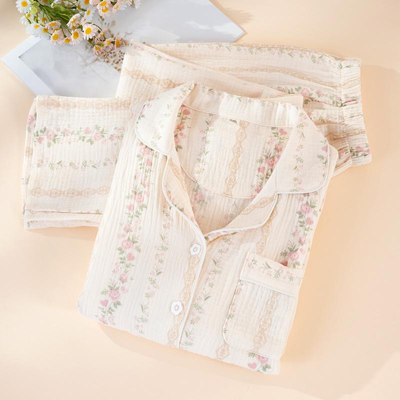 Krepp-Pyjama Damen Herbst reine Baumwolle dünn frisch Langarm kann getragen werden dünn locker Frühling und Herbst Loungewear Anzug