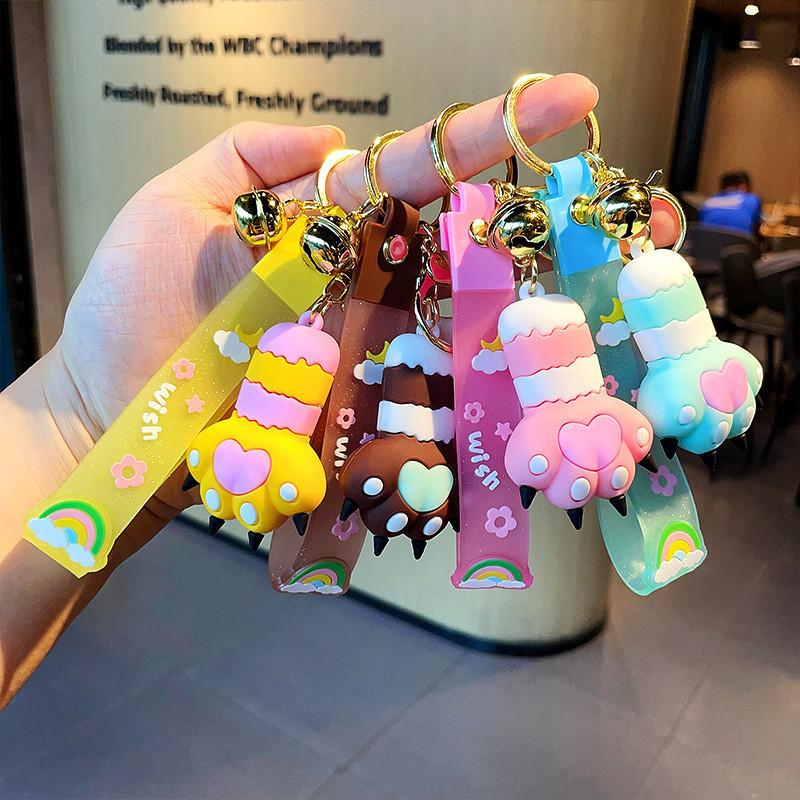 Cute Resin Cat Paw Keychain With Rainbow Strap For Car Keys Bags And