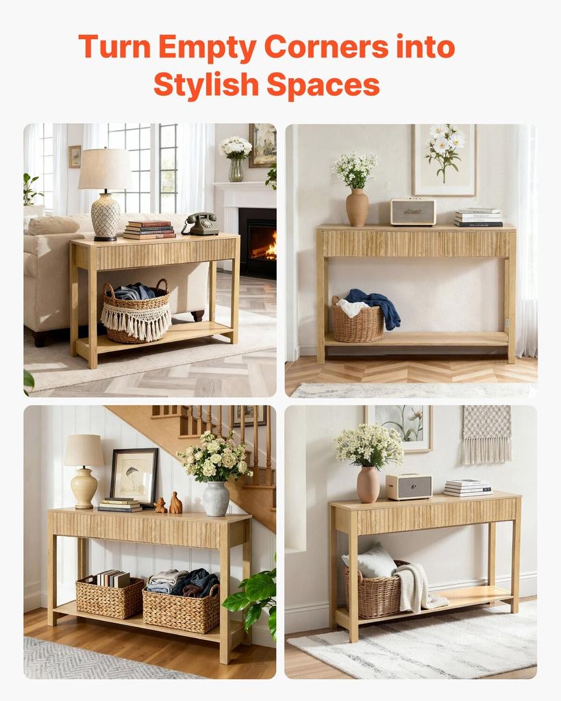 120 Cm Console Table, Farmhouse Desk Behind the Couch with Drawers and Bottom Storage Shelf, Wooden Rectangle Entrance Narrow Sofa Table for Hallway,