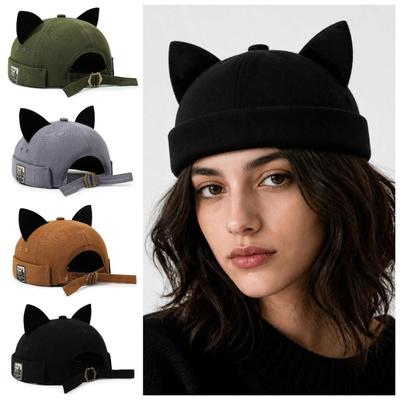 Lightweight Cute Cat Ears Brimless Hat Breathable Adjustable Dome Melon Cap Unisex Vintage Solid Color Docker Hat Outdoor