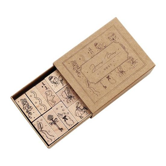 12 Pcs Vintage Wood Rubber Stamp Universe Letters Number Flowers Retro Stamp Set for DIY Art Craft Journals Scrapbooking Planner Card Making