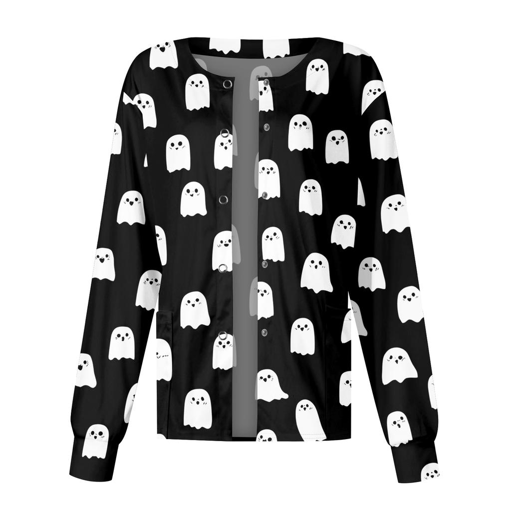 Women's Halloween Print Long Sleeve Cardigan Scrub Top with Single-Breasted Closure
