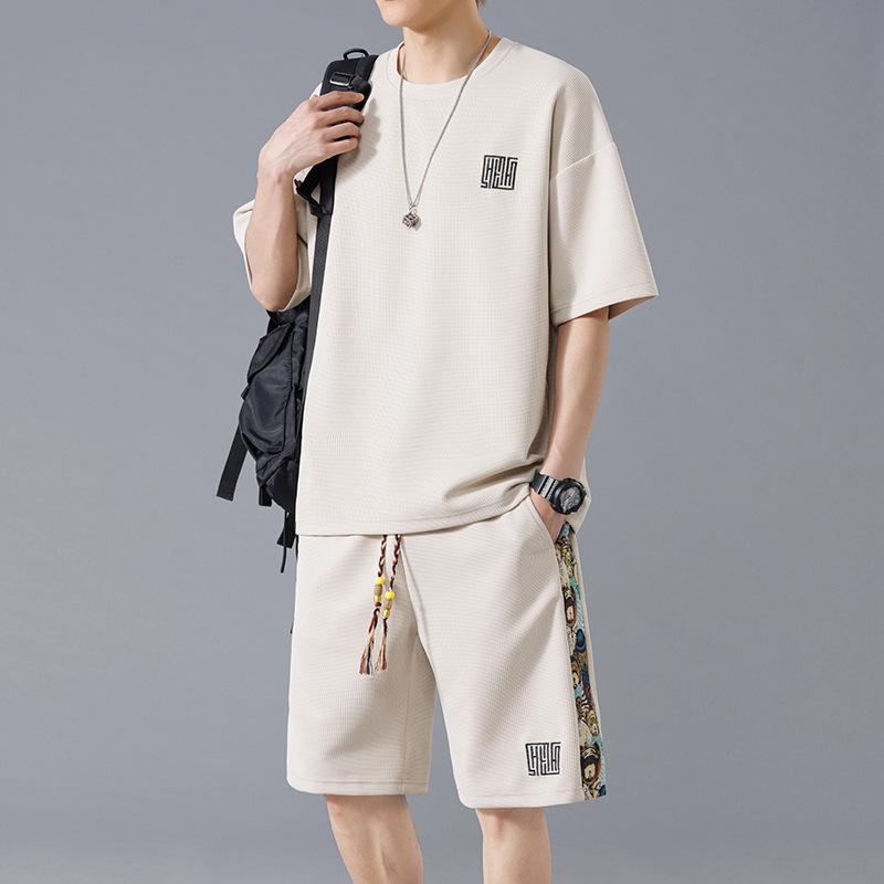 Летний повседневный спортивный костюм, повседневная футболка Ice Silk с короткими рукавами, спортивный костюм для мужчин, комплект из двух предметов M абрикосовый