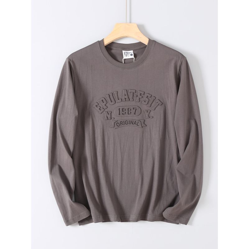 Foreign Trade Surplus Cotton Washed 3D Embossed Printed Long-Sleeve T-Shirt for Men, Autumn Round Neck Casual Base Shirt