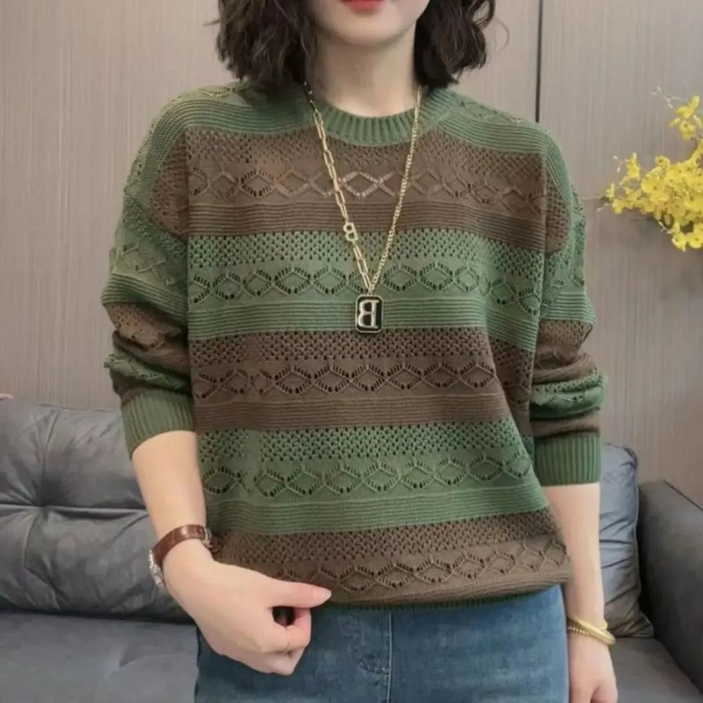 Frühling Herbst Damen Ausgeschnitten Westlicher Stil Mittleren Alters Mutter Langärmliges T-Shirt Strickpullover Locker Gestreiftes Basisshirt