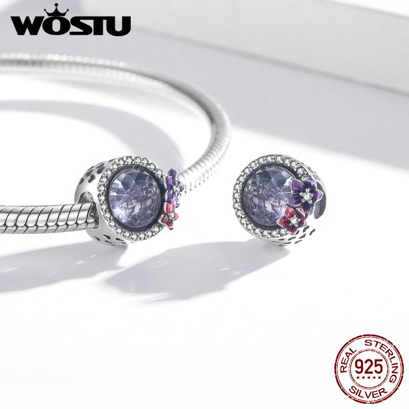 WOSTU 925 Sterling Silver Purple Bright Flowers Charms for Making Bracelet or Bangle DIY Jewelry