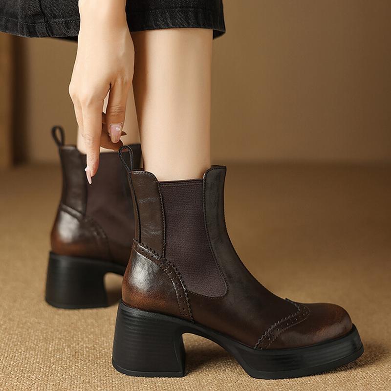Fashion NEW Autumn Boots Women Split Leather Shoes for Women Round Toe Chunky Heel Women Shoes Black Platform Chelsea Boots Brogue Boots