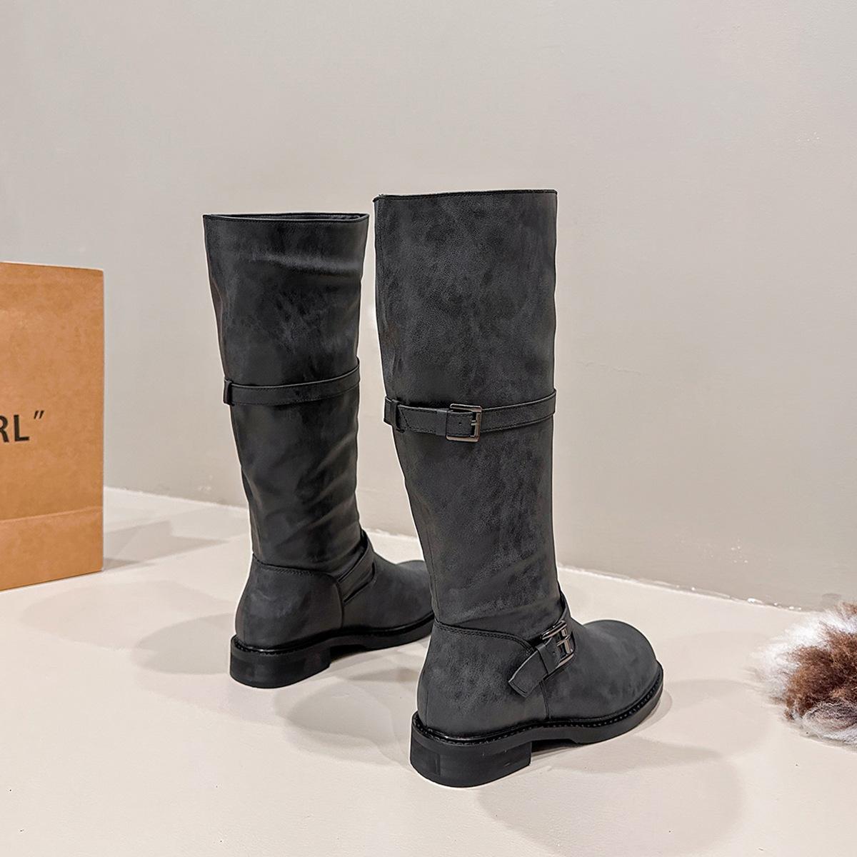 

Thick-soled heightened round head retro belt buckle rubbed color versatile thick heel boots women s autumn and winter high school boots knight boots 40