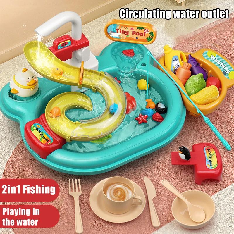 Children Puzzle Pretend Play Toys Dishwashing Basin Toys Gift Kitchen Interactive Toys 2-In-1 Slide Fishing Montessori Toy Gift