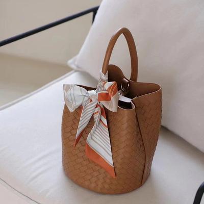 Genuine Leather Niche Design Woven Bag Bucket Bag Vegetable Basket Letter Bag Douyin Cowhide Versatile Women'S Bag