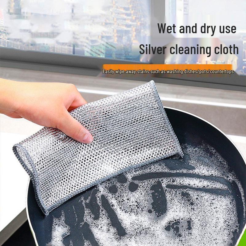 High-Quality Silver Thread Dishcloth: Soft, Durable, Non-Stick, and Tough Dishwashing Cloth with Steel Wire and Polyester Blend.