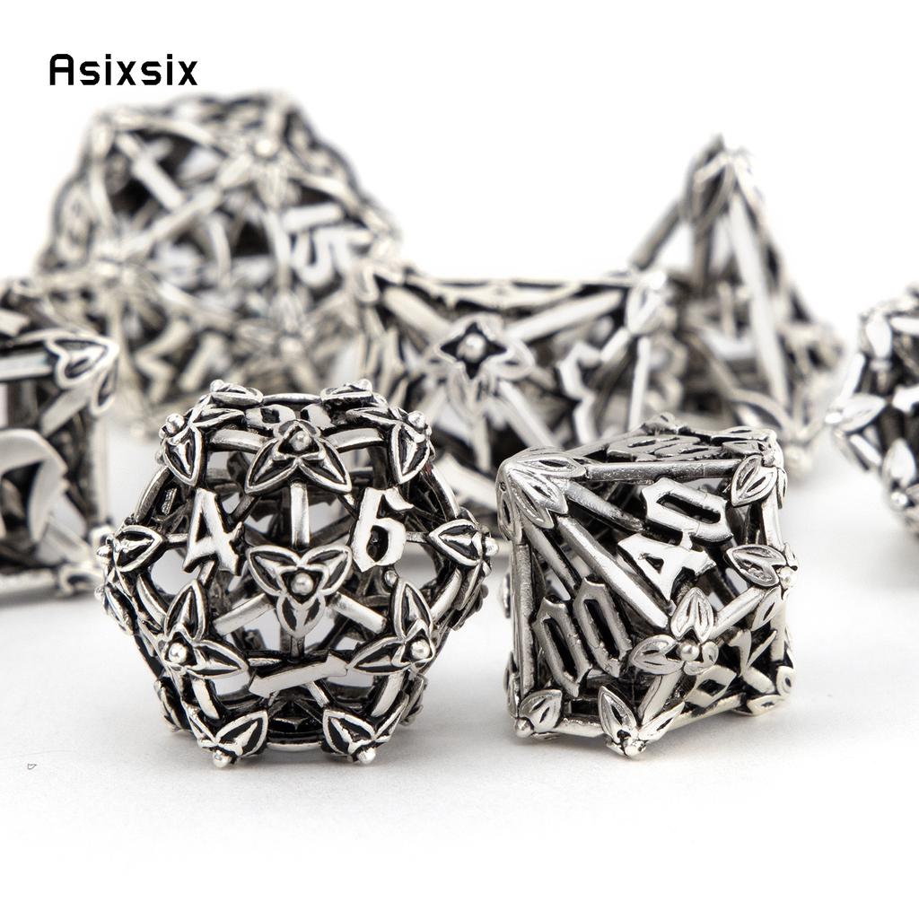 7 Pcs White Leaf Flower Metal Dice Hollow Metal Polyhedral Dice Set Suitable For Role-Playing Dice PropBoard Game Gift