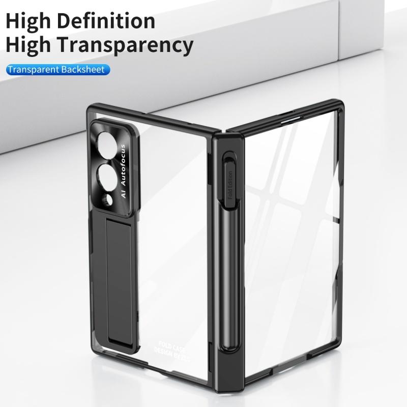 For Samsung Z Fold 8 Ultra / 7 6 5 4 3 Transparent Plating PC Hinge Protection Full Body Stand Pen Slot Case with Tempered Glass