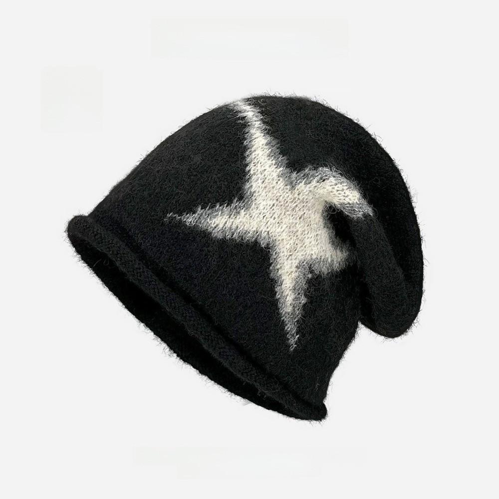 Star Patterned Beanie Cap Edge Curl Slouchy Hat Y2K Style Knitted Hat чёрный