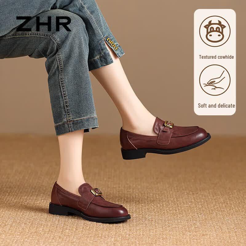 ZHR Women s Leather Chunky Heel Loafers S601 38