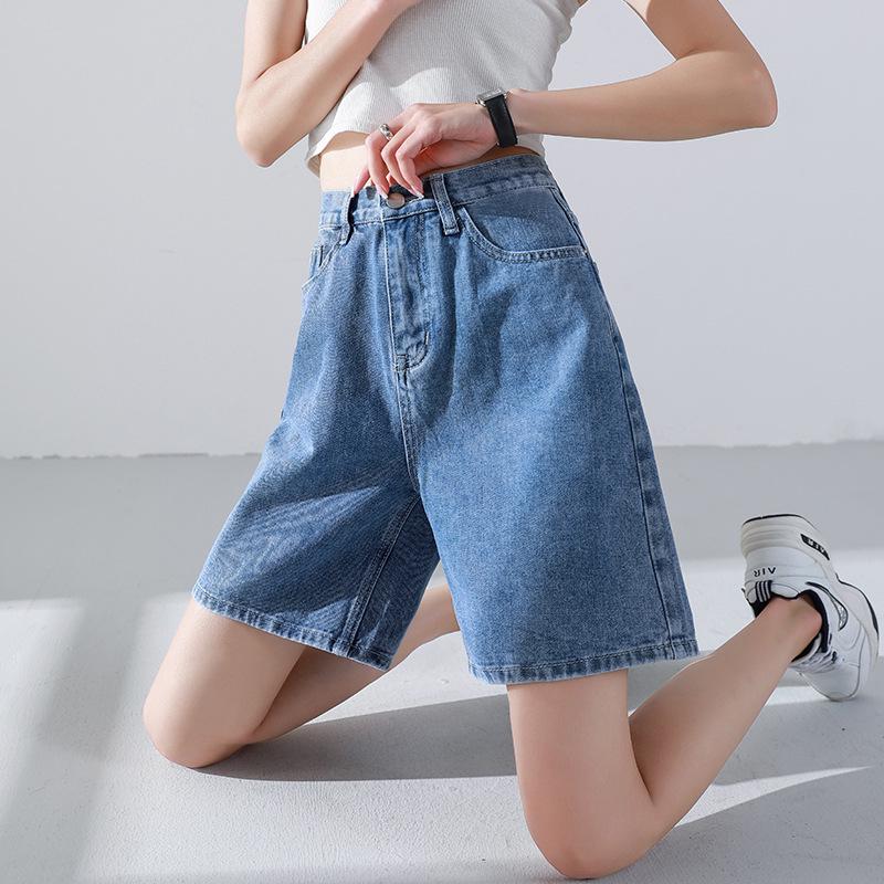 Women's High-Waist Denim Shorts, Summer 2022 Trend, Loose Fit, Mid-Length, Wide-Leg Design.