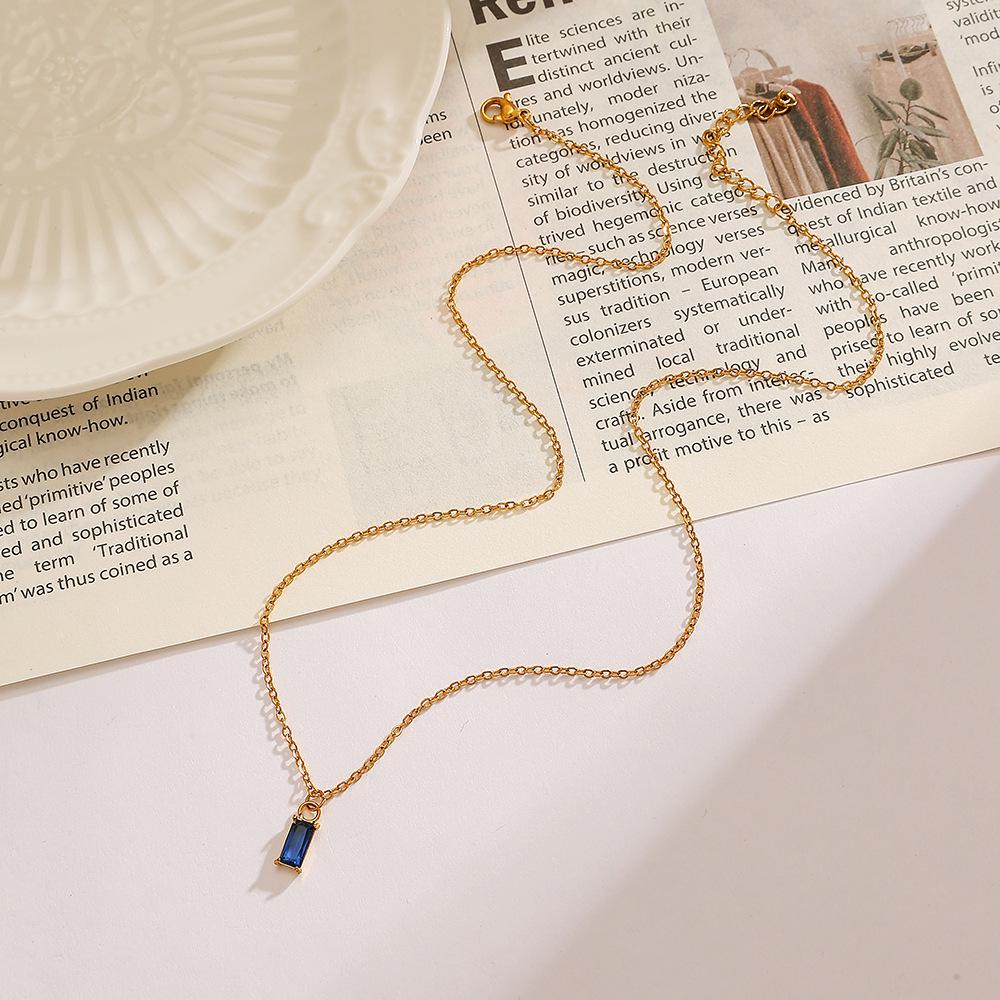 High-End European-American 18K Gold-Plated Titanium Necklace with Blue Zirconia Square Pendant for Women
