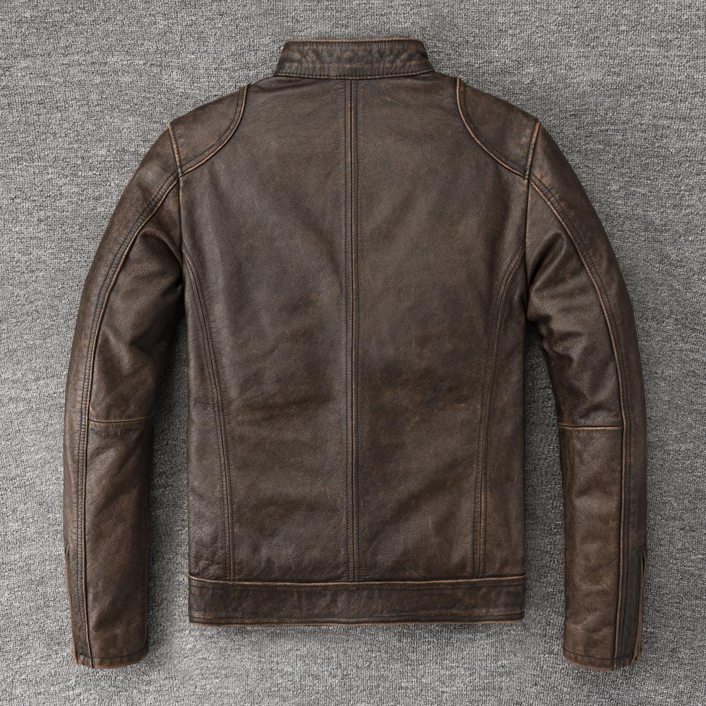 Vintage Yellow Brown Genuine Cow Men Leather Jacket Soft Slim Fit Short Slim Real Cowhide Bomber Coat Spring Autumn