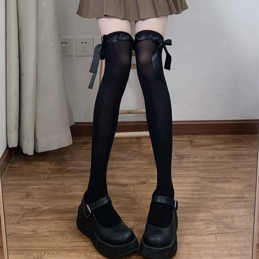 Milk White Lolita Velvet Knee Socks Long Tube Spring And Autumn Lace Ribbon Bow High Tube Socks Lolita