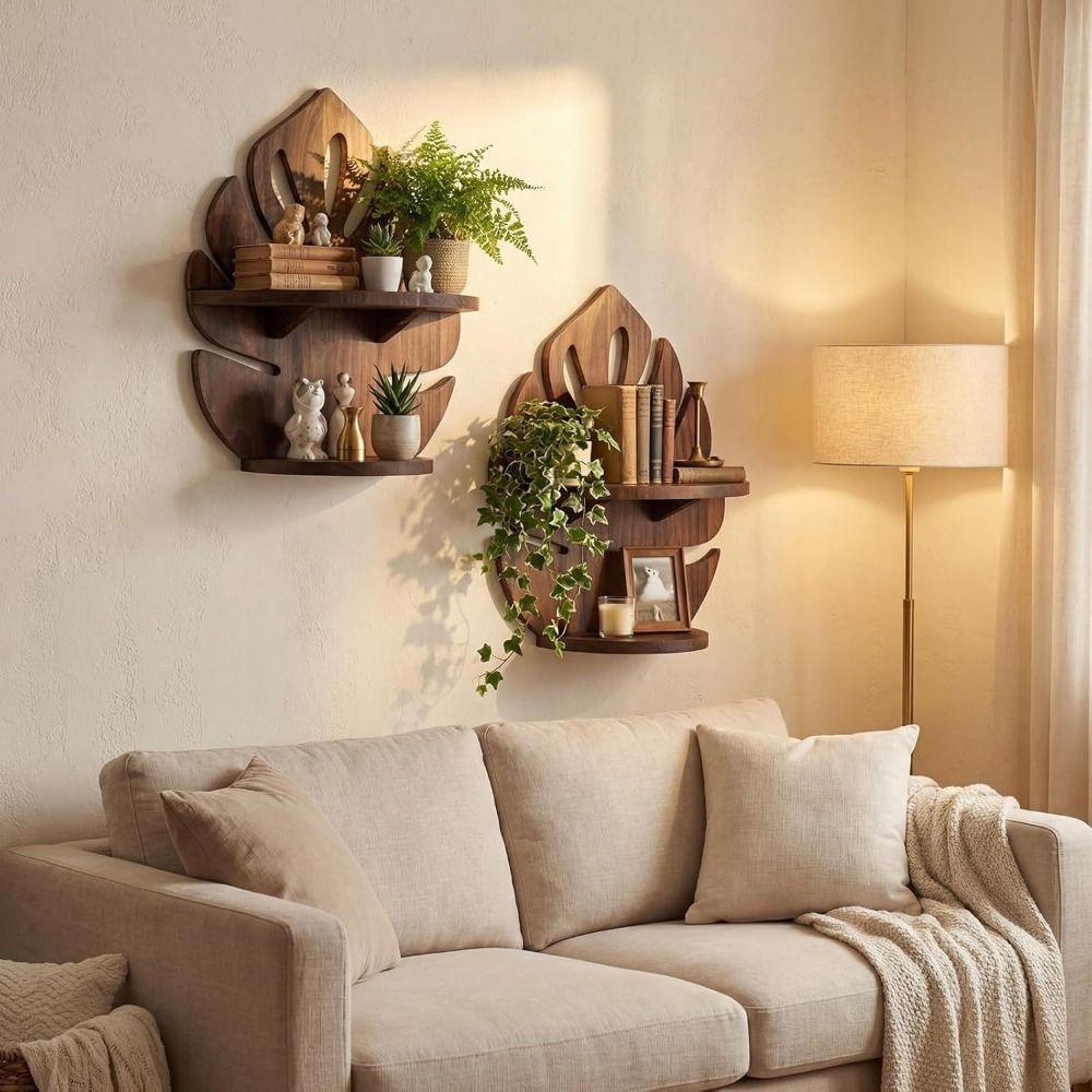 Decorative Wooden Monstera Shelf Rustic Photo Frame Storage Rack Wood Display Shelf Office