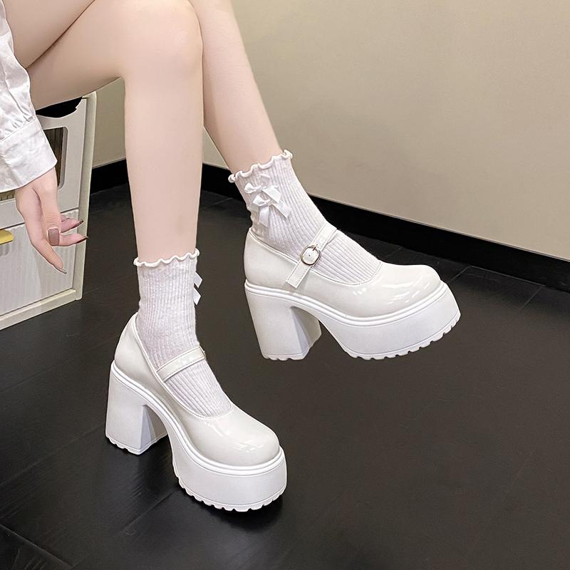 Platform High Heels Pumps Women 2025 Autumn Pu Leather Ankle Buckle Mary Jane Shoes Woman Thick Heeled White Lolita Shoes