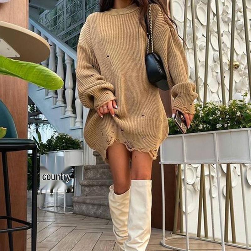Women's Autumn/Winter Solid Color Ripped Knit Sweater Dress - Round Neck, Long Sleeve, Mid-Length Pullover