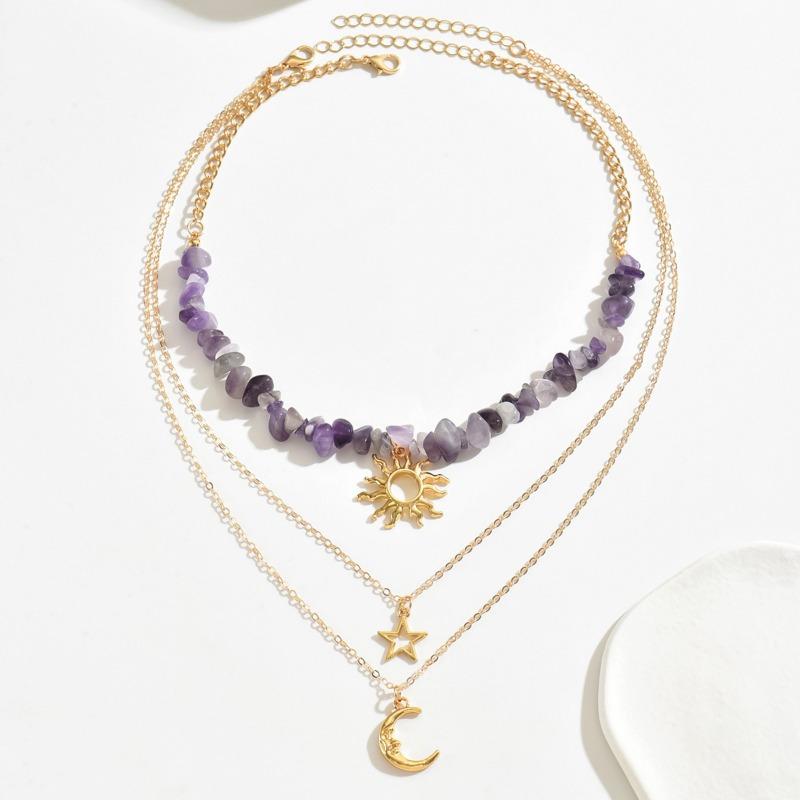 Vintage Sweet Cool Sun Moon Natural Stone Layered Necklace For Women