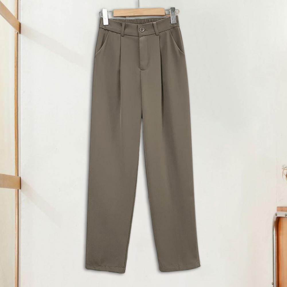 Women Pants Straight Wide Leg Long Suit Pants with Pockets Elastic Waistband Button Zipper Fly Ice Silk Suit Trousers