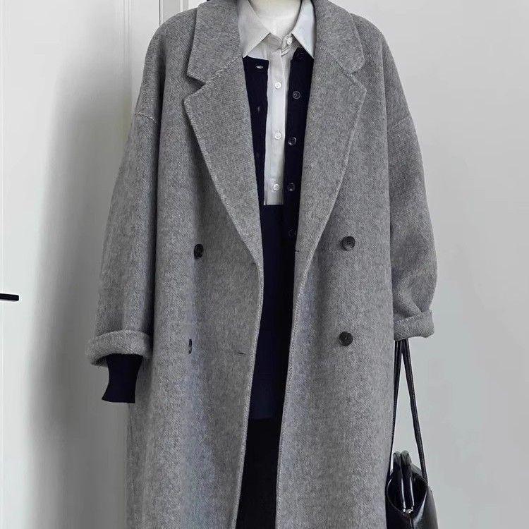 

Женское кашемировое пальто средней длины двустороннее - Осень/Зима 2025, корейский стиль, свободный крой, ленивый шик, шерстяное пальто. M